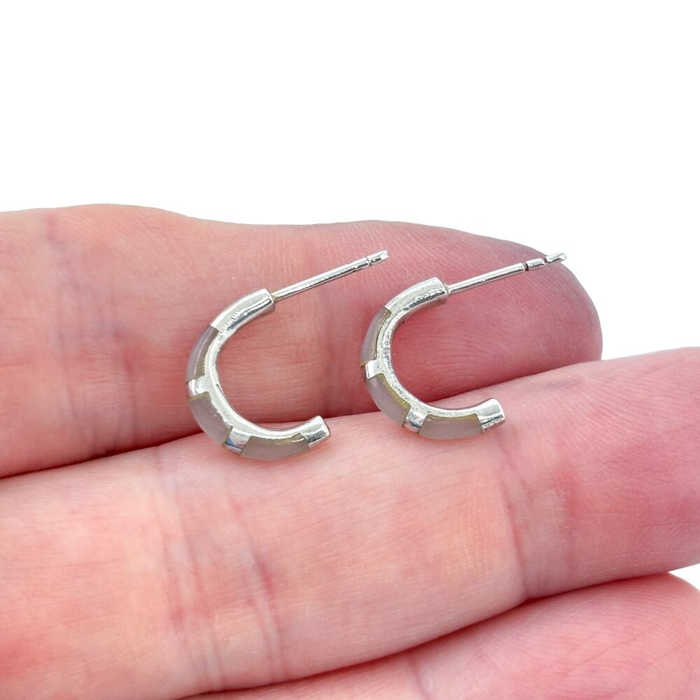 Vintage Sterling Silver 925 Mother of Pearl Inlay Hoop Earrings